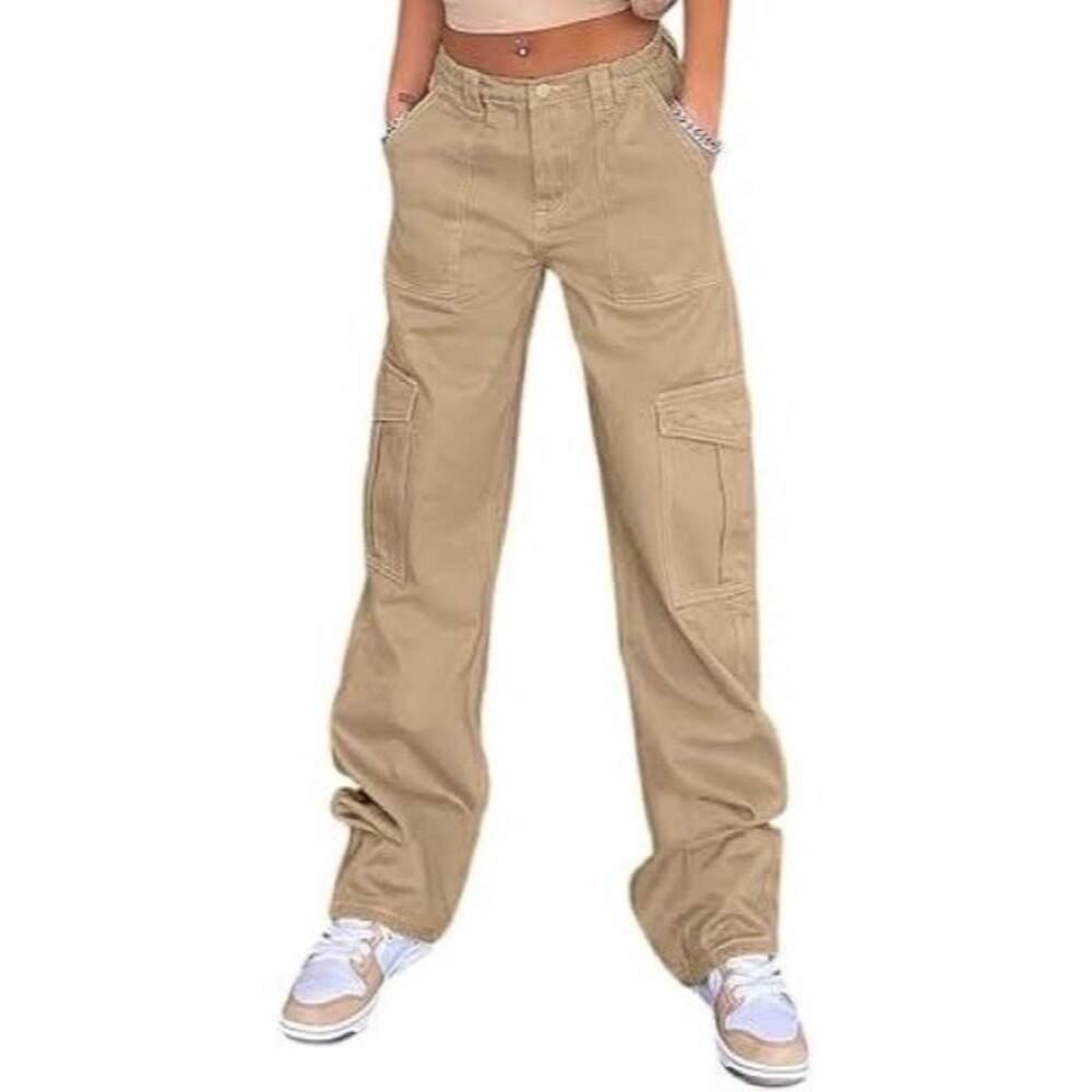 High Waist Stretch Cargo Pants Women Baggy, Relaxed Fit, Dark Tan - Size: XL